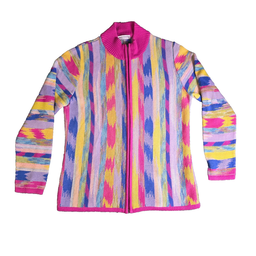 Marcazzani Made In Italy Women’s XL Colorful Abstract Knit Zip Cardigan Sweater